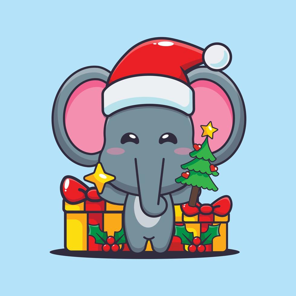 éléphant mignon tenant une étoile et un sapin de noël. illustration de dessin animé de noël mignon. vecteur