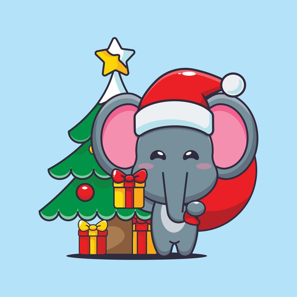 éléphant mignon portant un cadeau de noël. illustration de dessin animé de noël mignon. vecteur