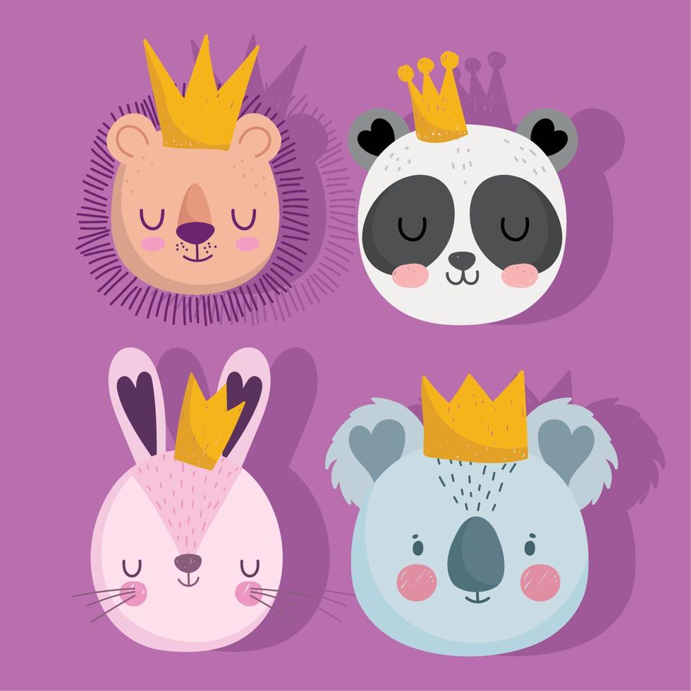 mignon lion panda lapin et koala avec des couronnes animaux fait face à un jeu d'icônes de dessin animé vecteur