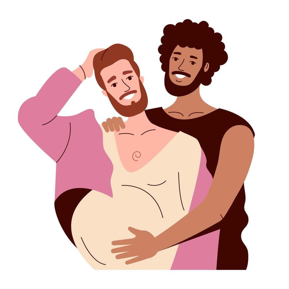 deux homosexuels de races différentes s'embrassent. le gars noir sourit. homme queer transgenre enceinte, cheveux roses vecteur