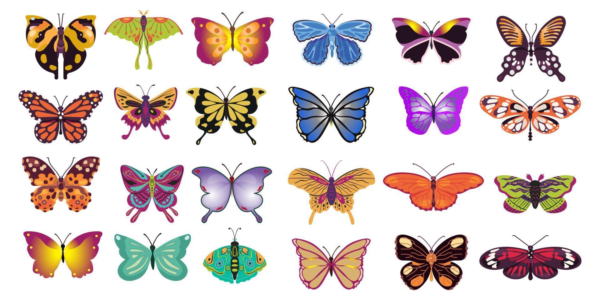 ensemble de différents papillons multicolores sur fond blanc. collection de papillons vectoriels colorés fantastiques. illustration vectorielle vecteur