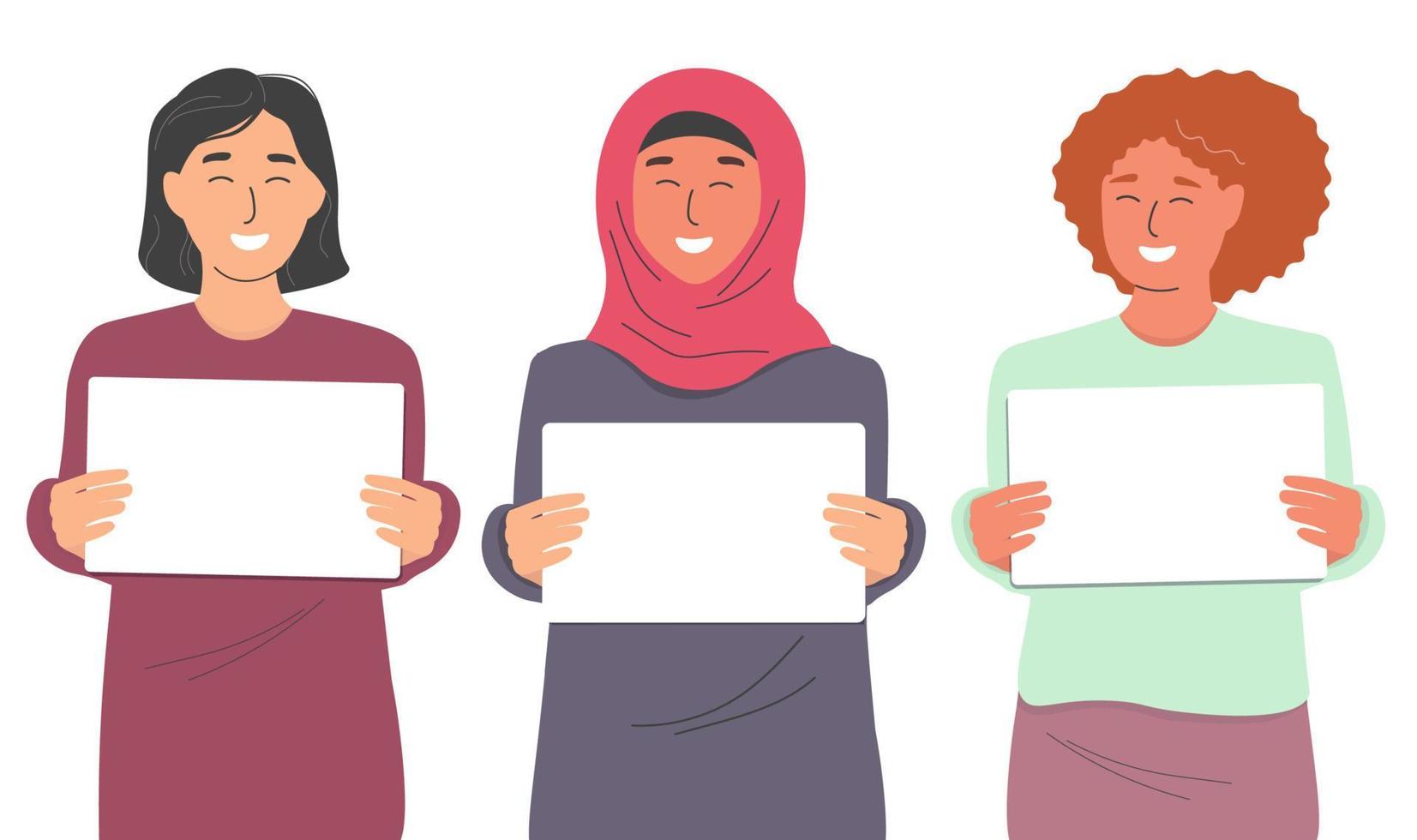 filles avec une affiche dans leurs mains. différentes femmes se battent pour leurs droits. une femme musulmane dans un hijab avec une femme avec sa tête découverte. graphiques vectoriels. vecteur