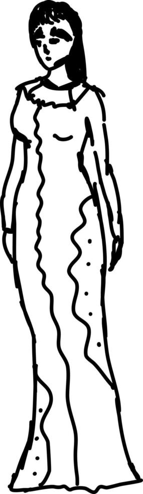 femme en croquis de robe longue, illustration, vecteur sur fond blanc.