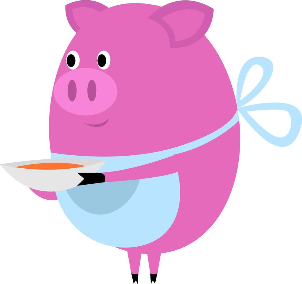 Cochon avec bol de soupe, illustration, vecteur sur fond blanc.
