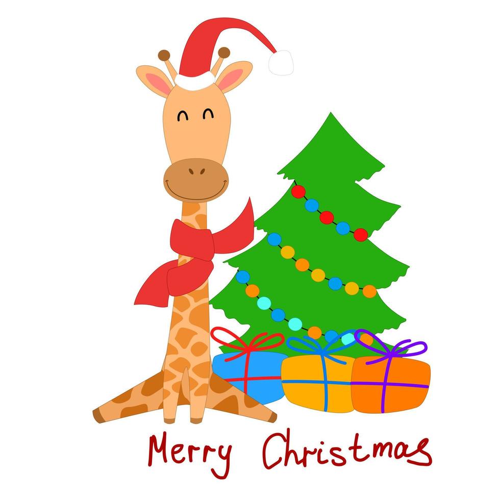 carte de noël girafe de style dessin animé avec un arbre de noël et des cadeaux. vecteur