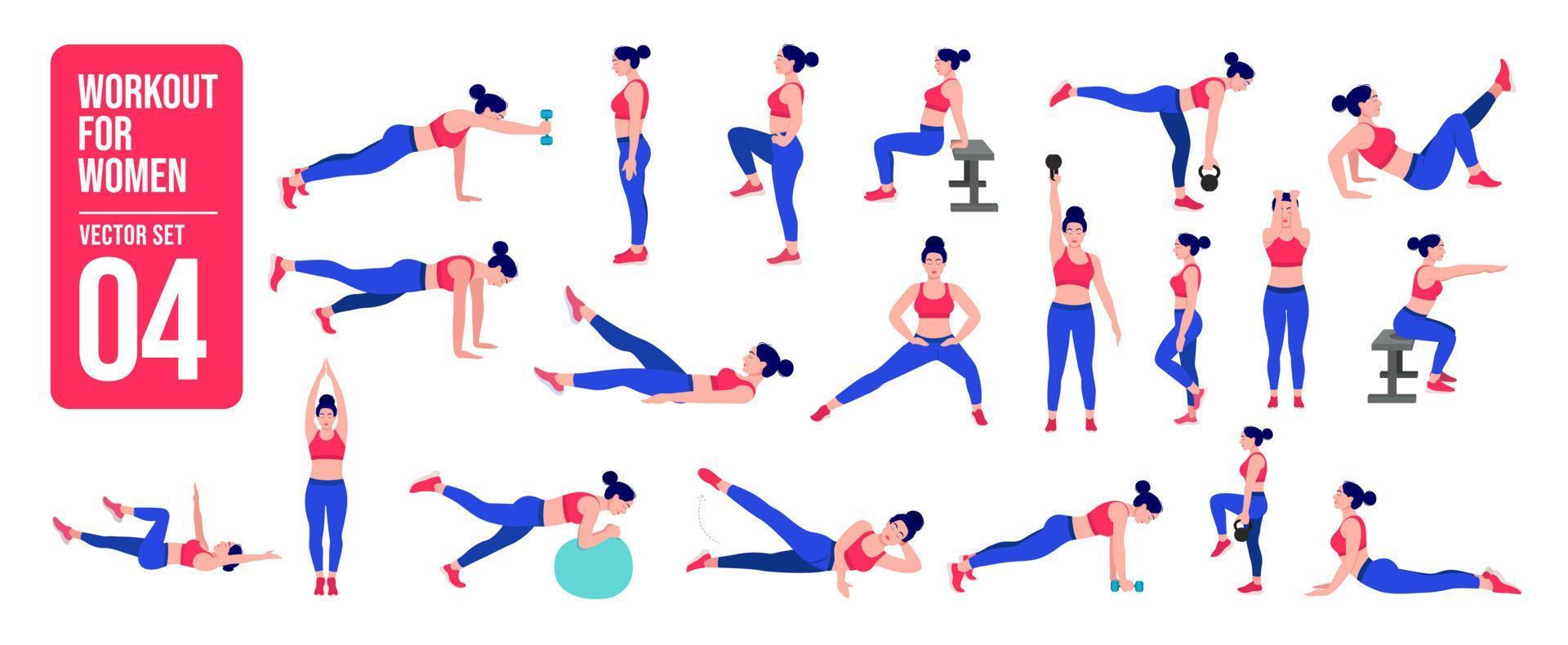 ensemble de fille d'entraînement. femme faisant des exercices de fitness et de yoga. fentes et squats, planche et abc. entraînement complet du corps. vecteur