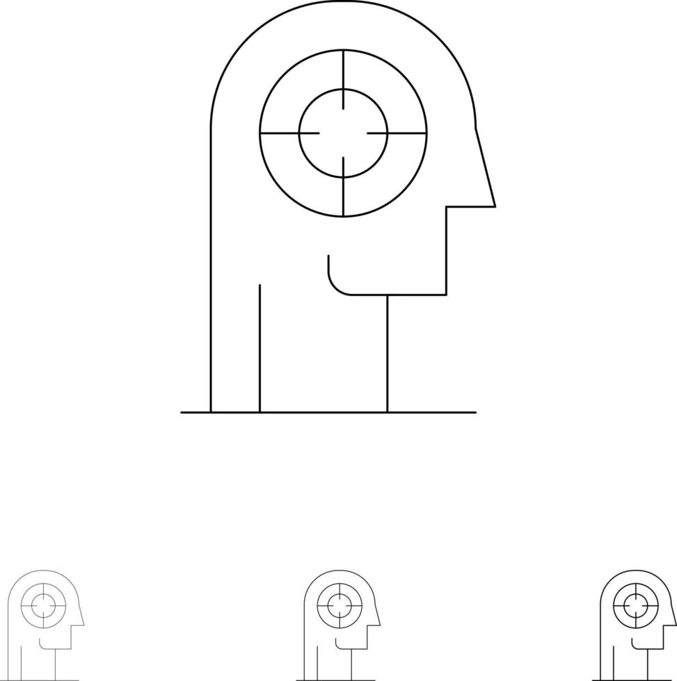 flèche concentration focus tête humaine audacieuse et fine ligne noire jeu d'icônes vecteur