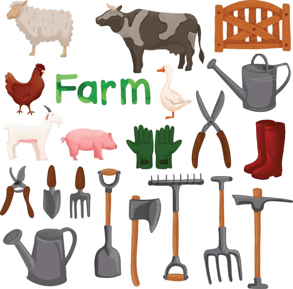 ensemble de ferme agricole aquarelle, outils clipart vecteur