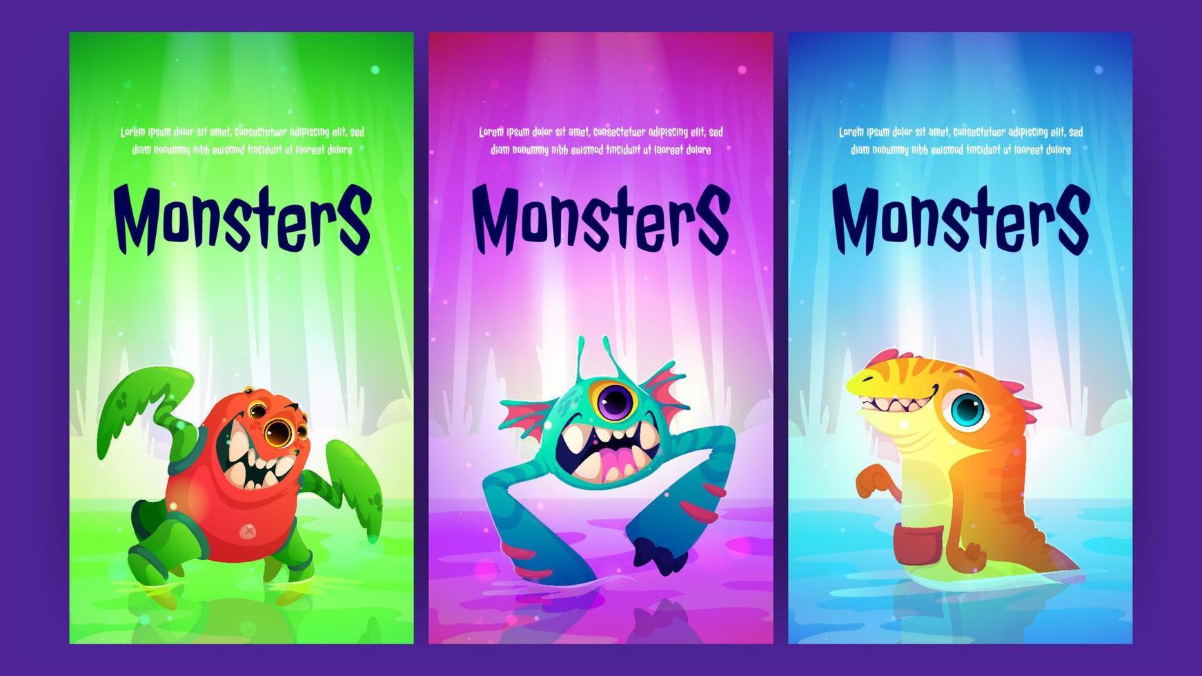 affiches de dessin animé avec des monstres mignons, invitation vecteur