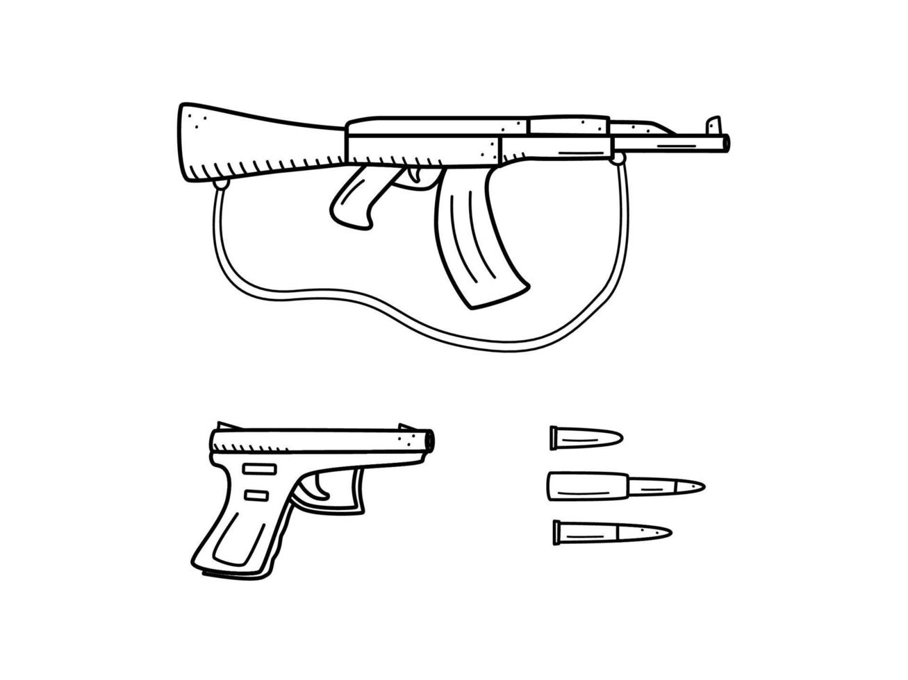 automatique et pistolet avec balles et obus, vecteur d'icône d'armes à feu. les armes militaires s'isolent sur le blanc.