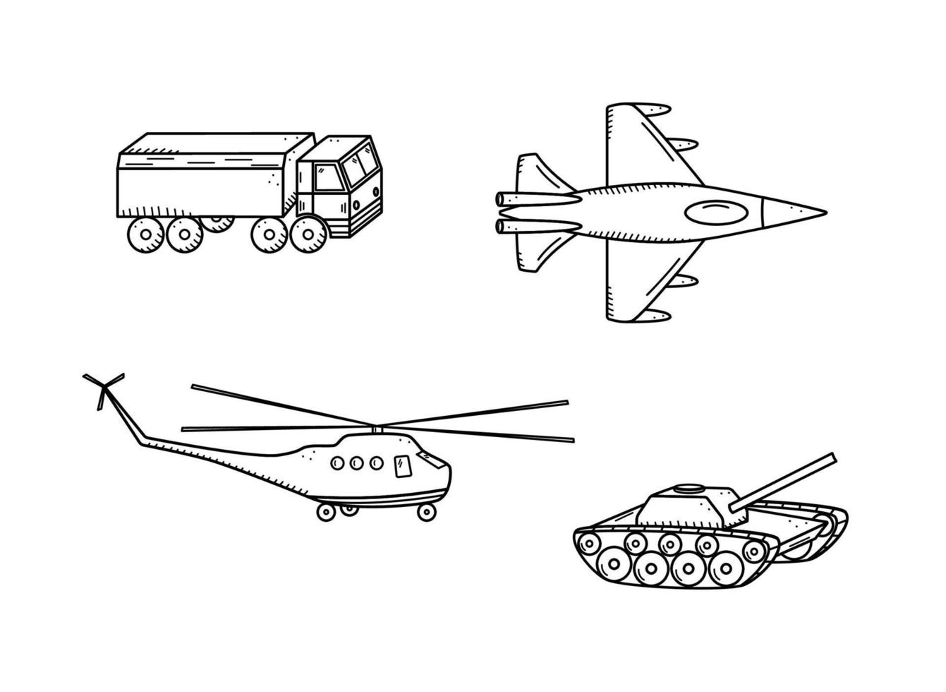 icônes de doodle militaire. illustration vectorielle d'un ensemble de transport de guerre et d'aviation. vecteur