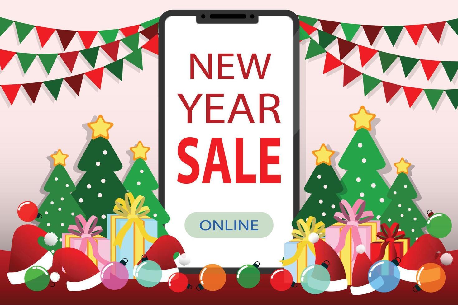 vente de noël, vente du nouvel an, père noël sur téléphone portable avec cadeau de grande vente de texte, neige, étoile, sapin de noël, conception de bannière web, affiche, carte d'invitation de noël et festival du nouvel an. vecteur