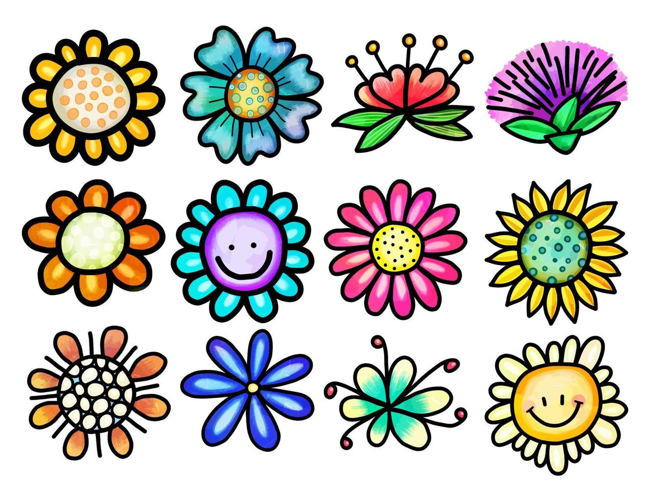 ensemble de doodle fleur aquarelle vecteur
