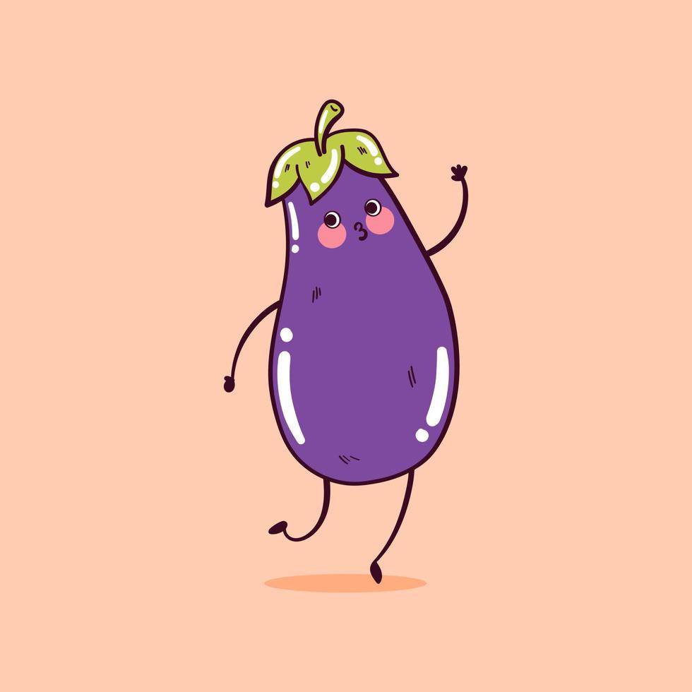 heureux mignon souriant aubergine kawaii drôle. personnage de mascotte d'aubergine. vecteur