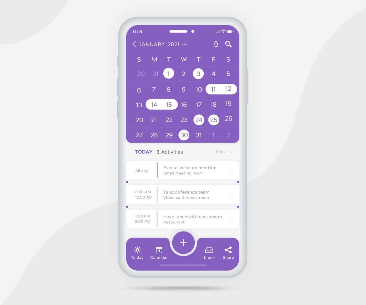 concept de planificateur de calendrier d'application mobile, modèle de calendrier de rendez-vous ui ux, agenda de calendrier de smartphone application de réunion de planification annuelle, événements de calendrier, activité, application d'événement, téléphone vectoriel