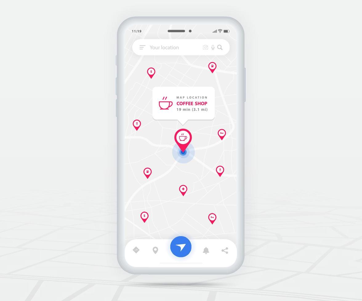 carte gps navigation coffee shop app ux ui concept, application de carte mobile, carte de recherche d'application pour smartphone naviguer, carte technologique, cartes de navigation de la ville, rue de la ville, suivi gps, traqueur de localisation, image vectorielle vecteur