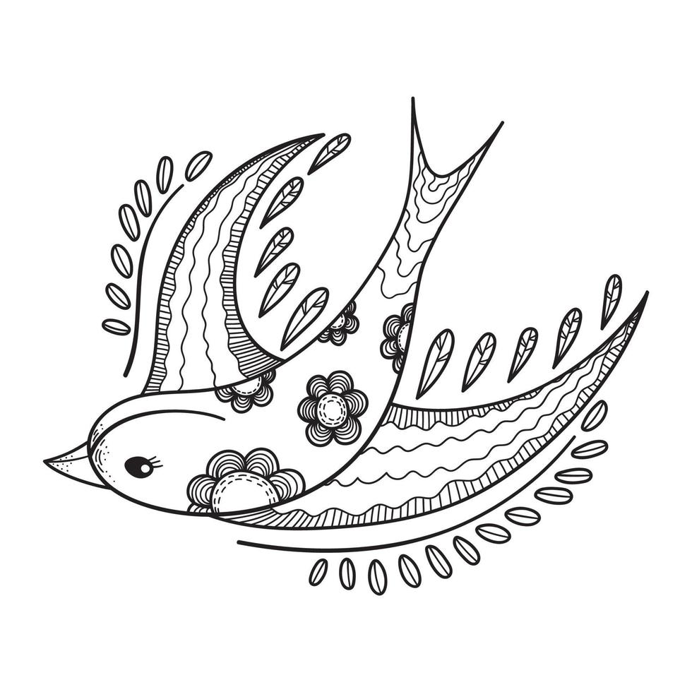 hirondelle décorative avec fleur et feuilles. style d'art en ligne martin dessiné à la main. coloriage d'oiseau mignon. illustration vectorielle isolée sur fond blanc. vecteur
