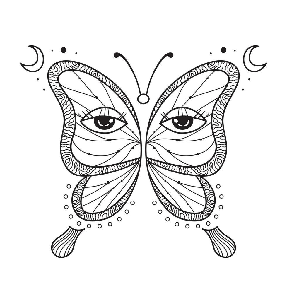 papillon dessiné à la main avec un oeil sur les ailes. signe mystique abstrait. forme linéaire noire. pour le design, le tatouage ou l'artisanat magique. illustration vectorielle isolée sur fond blanc. vecteur