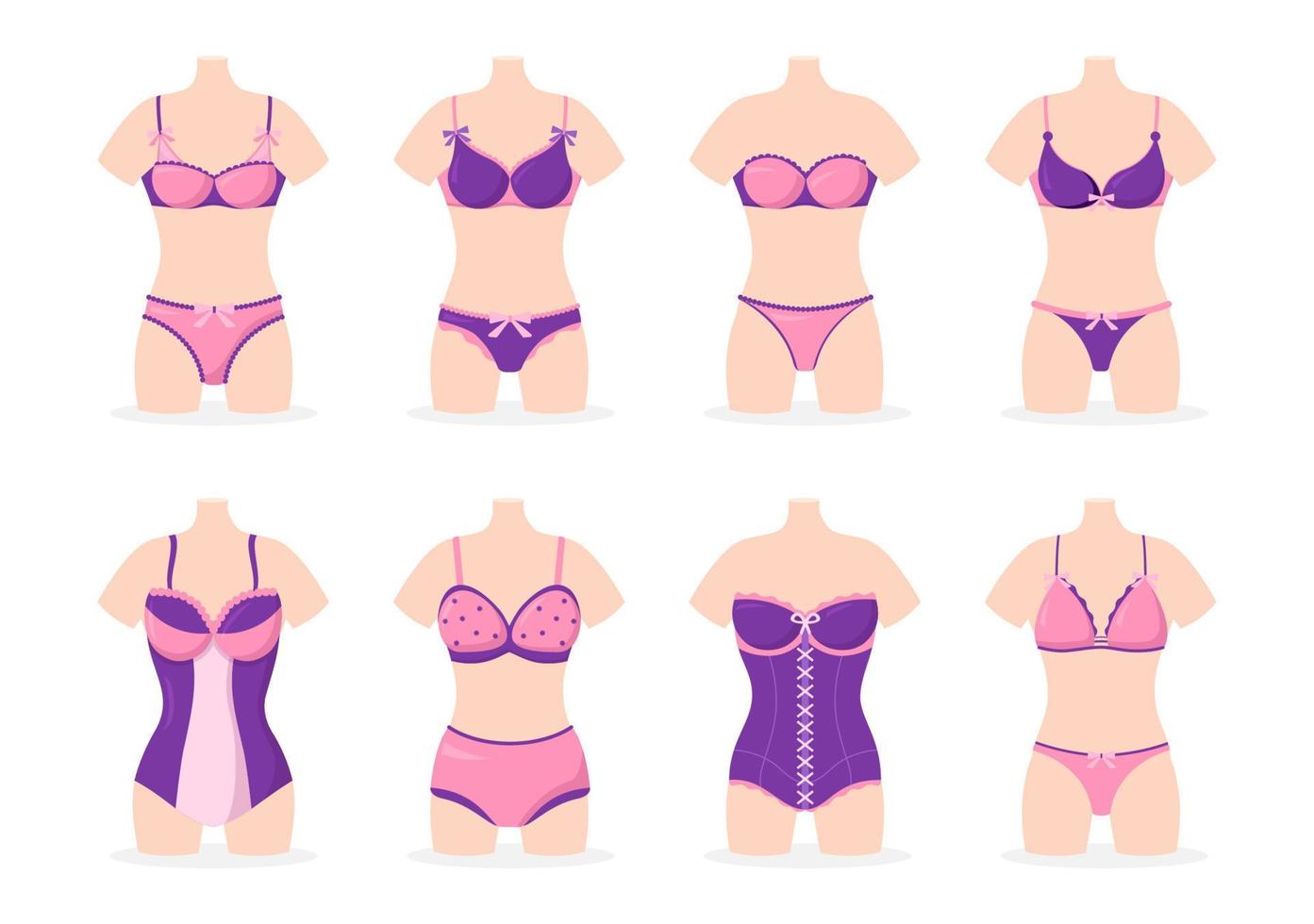 collection de lingerie femme élégante, soutien-gorge et sous-vêtements de couleur rose et violet sur illustration de modèles dessinés à la main dessin animé plat vecteur