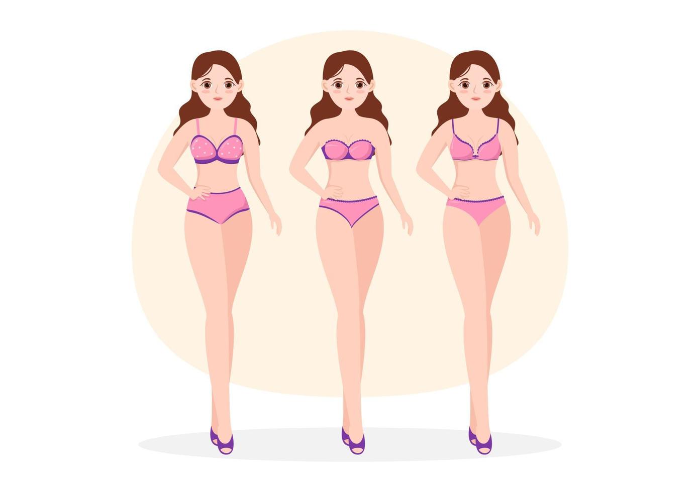 collection de lingerie femme élégante, soutien-gorge et sous-vêtements de couleur rose et violet sur illustration de modèles dessinés à la main dessin animé plat vecteur