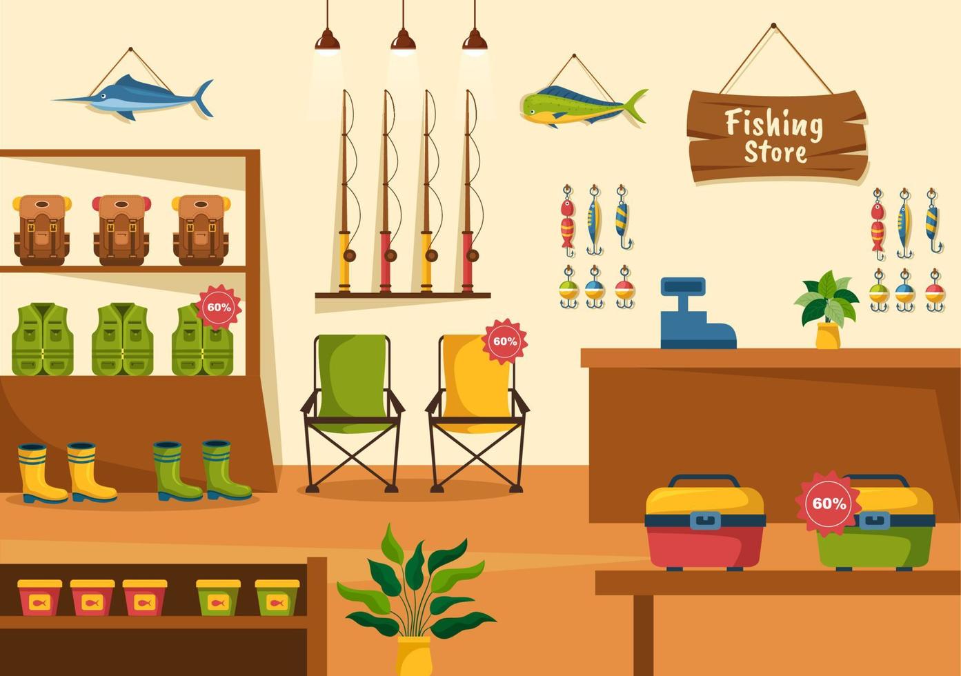 magasin de pêche vendant divers équipements de pêche, appâts, accessoires de capture de poisson ou articles sur illustration de modèles dessinés à la main de dessin animé plat vecteur