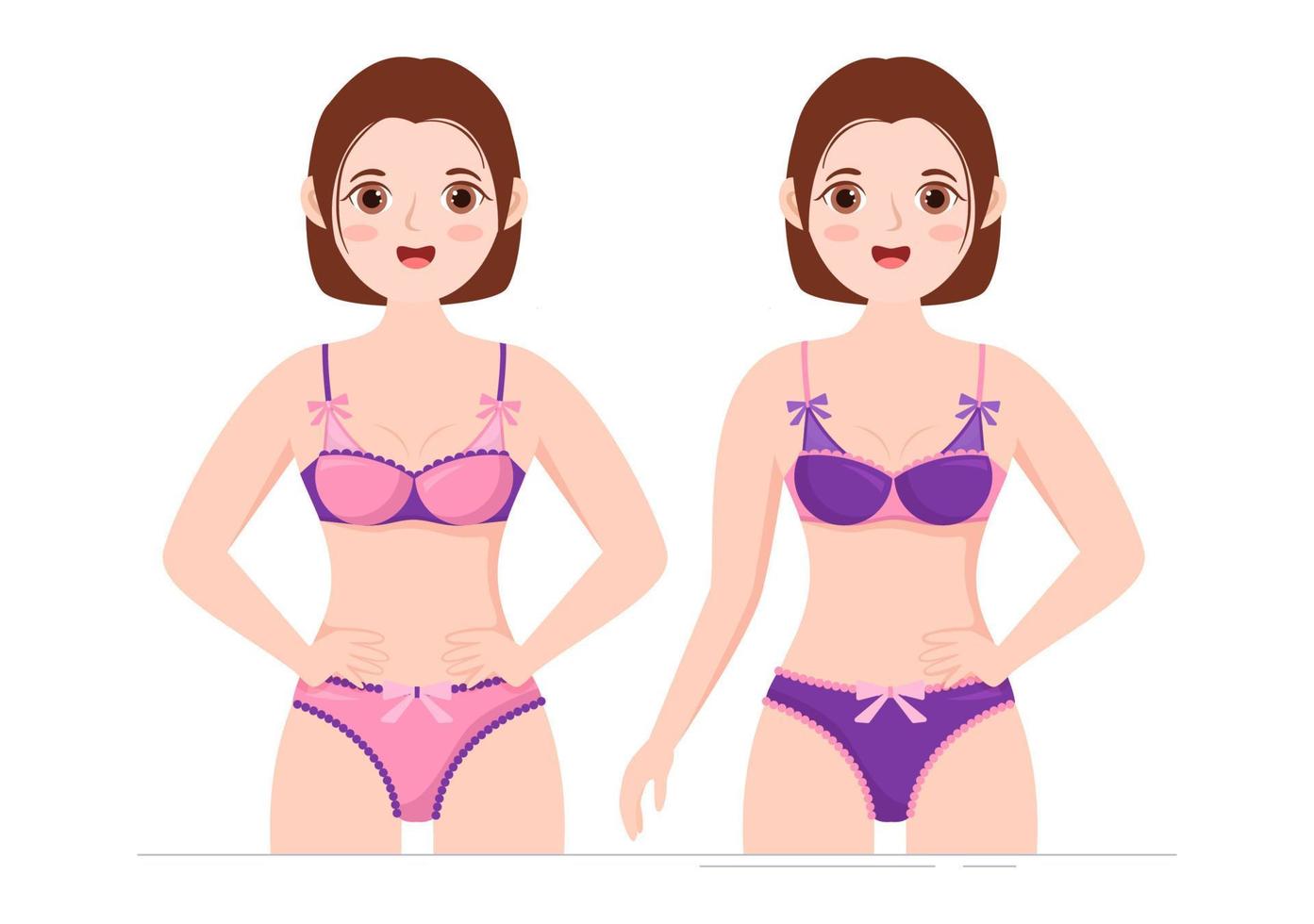 collection de lingerie femme élégante, soutien-gorge et sous-vêtements de couleur rose et violet sur illustration de modèles dessinés à la main dessin animé plat vecteur