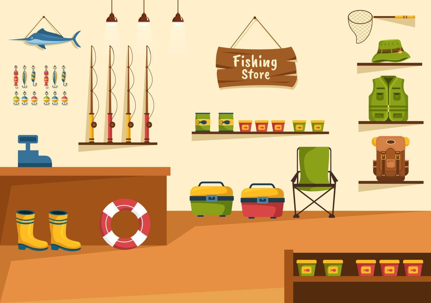 magasin de pêche vendant divers équipements de pêche, appâts, accessoires de capture de poisson ou articles sur illustration de modèles dessinés à la main de dessin animé plat vecteur