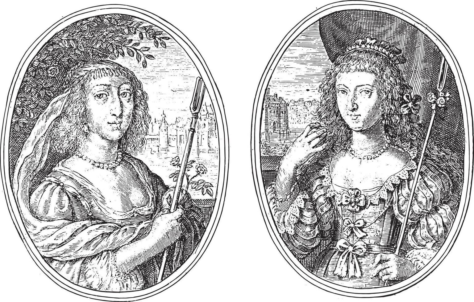 portraits de louise van solms et d'une femme inconnue de haut rang, illustration vintage. vecteur