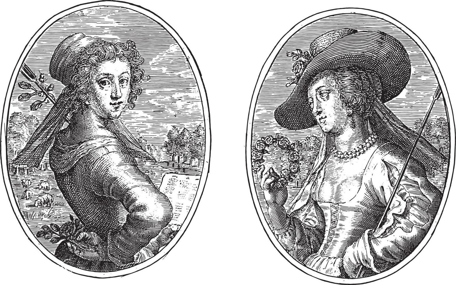 silvia et aminta, crispijn van de passe ii, 1640, illustration vintage. vecteur