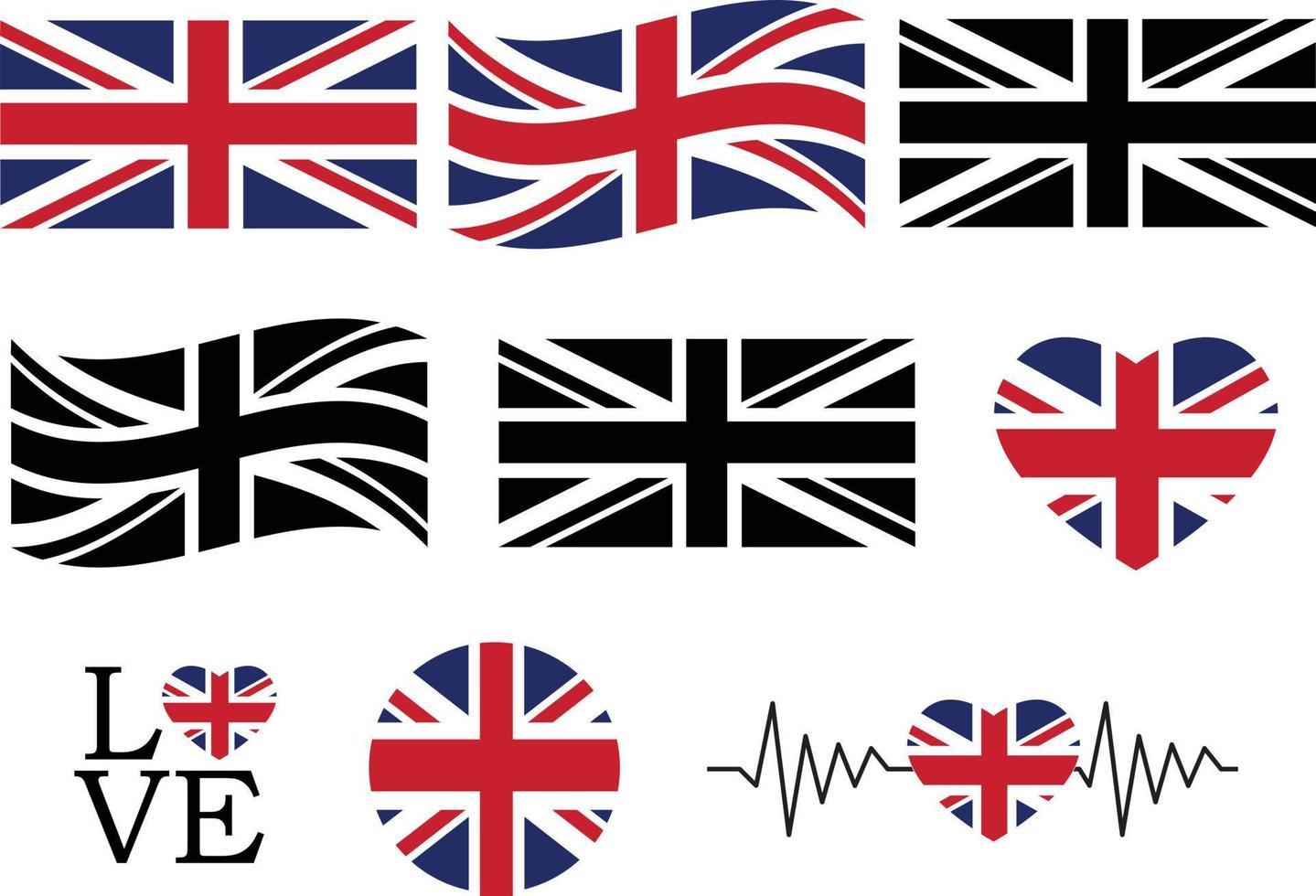 drapeau du royaume-uni sur fond blanc. ovale, circulaire, battement de coeur, amour et forme de coeur. agitant le drapeau britannique. style plat. vecteur