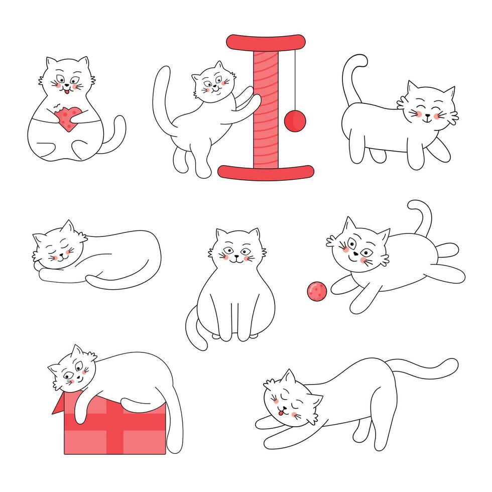 mignons chats blancs avec contour noir. gros chats kawaii dans des poses amusantes. vecteur