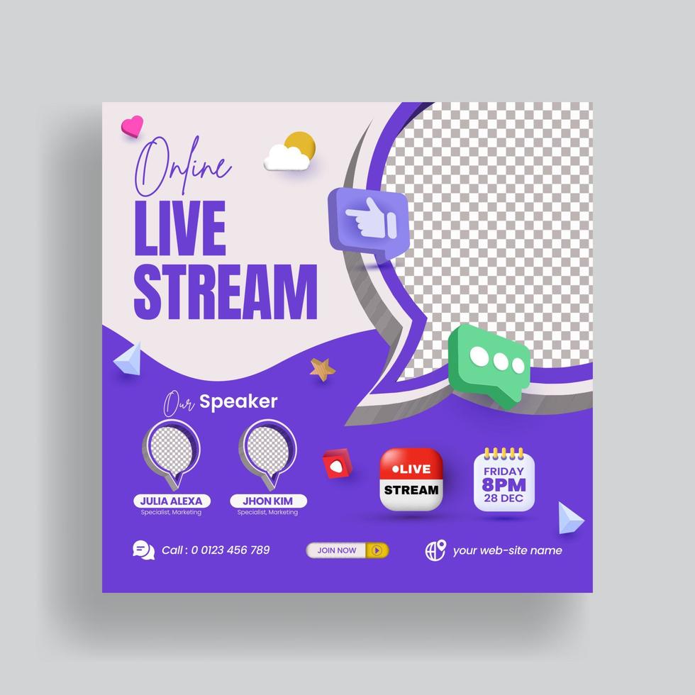 publication de diffusion en direct pour le marketing d'entreprise bannière de publication sur les médias sociaux et bannière d'entreprise de webinaire en direct avec conception de modèle de flyer ou d'affiche de couleur bleue de style de rendu 3d vecteur