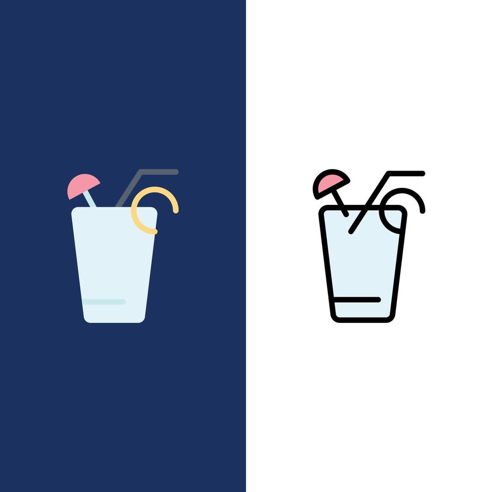 jus boisson nourriture printemps icônes plat et ligne remplie icône ensemble vecteur fond bleu