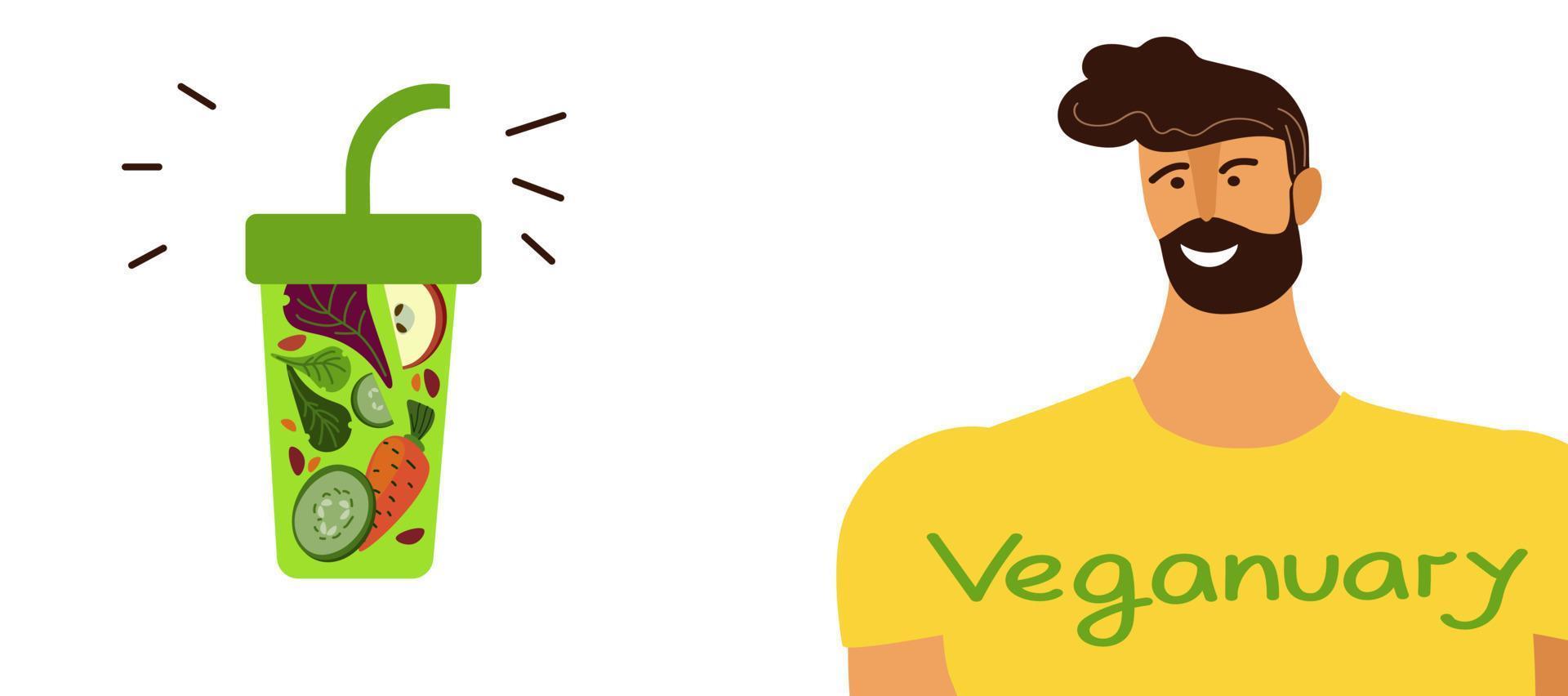 bannière de dessin animé de doodle plat de vecteur de la journée mondiale végétalienne. concept de plan de nutrition, alimentation saine, programme.