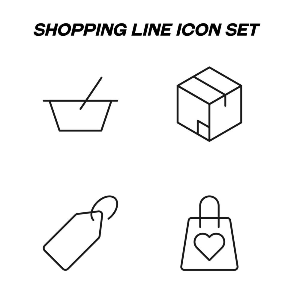 signes de contour minimalistes dessinés dans un style plat. trait modifiable. icône de ligne vectorielle sertie de symboles de panier, boîte, prix, étiquette, coeur sur sac à provisions vecteur