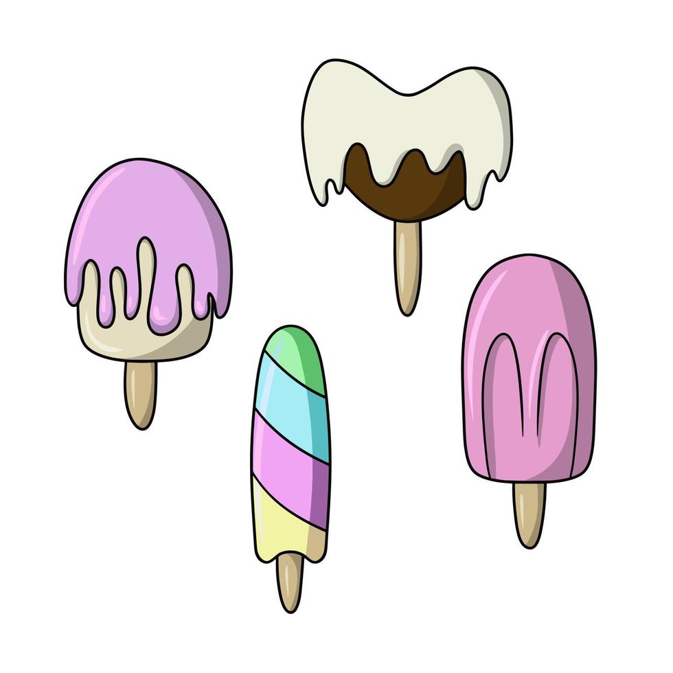 un ensemble d'icônes colorées, de glace au chocolat et aux fruits sur un bâton en forme de coeur, versé avec du glaçage, illustration vectorielle en style cartoon sur fond blanc vecteur