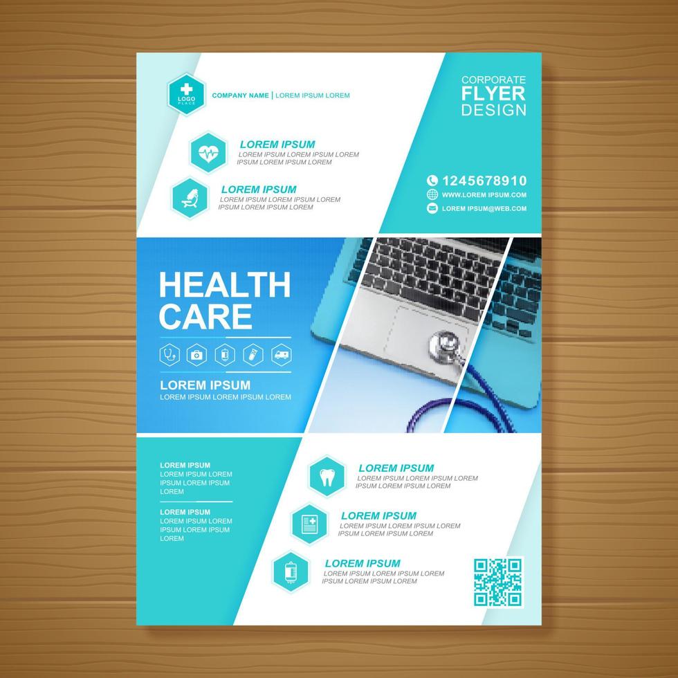 conception de modèle a4 de couverture de soins de santé et icônes plates pour une conception de rapport et de brochure médicale, dépliant, décoration de dépliants pour illustration vectorielle d'impression et de présentation vecteur