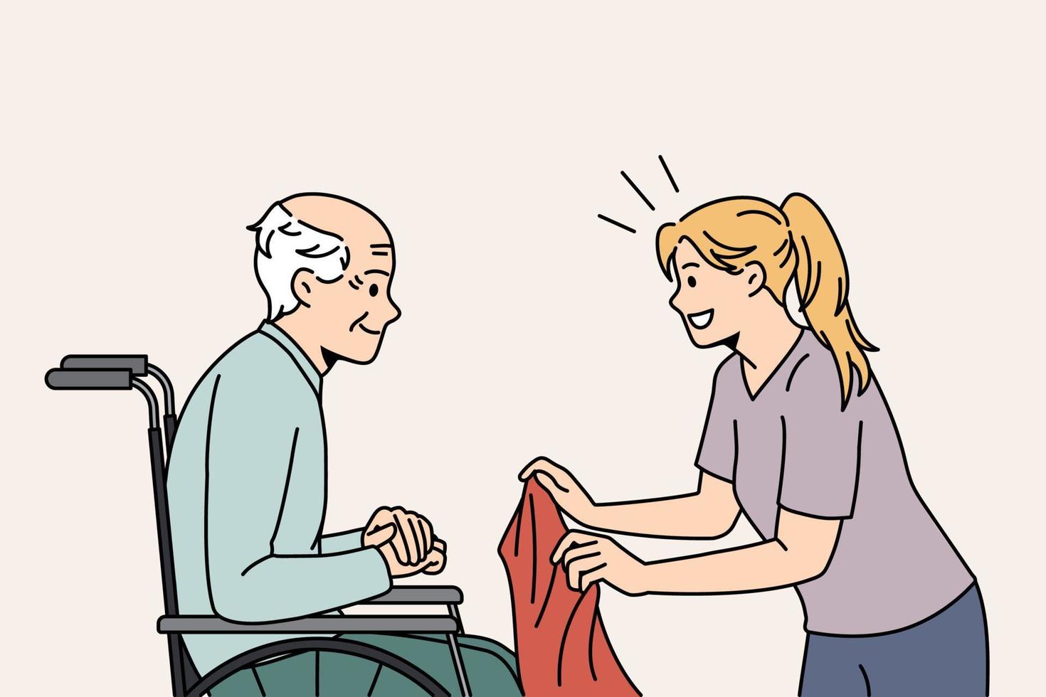 une infirmière attentionnée couvre un patient âgé malade assis dans un fauteuil roulant à l'hôpital. un soignant attentif aide un grand-père âgé mature à la retraite ou en maison de retraite. illustration vectorielle plane. vecteur