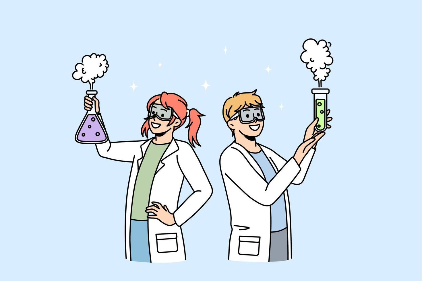 des enfants heureux en uniforme médical font des expériences scientifiques au cours de chimie à l'école. des enfants souriants s'amusent à expérimenter en laboratoire le rêve d'être des scientifiques. notion d'éducation. illustration vectorielle. vecteur