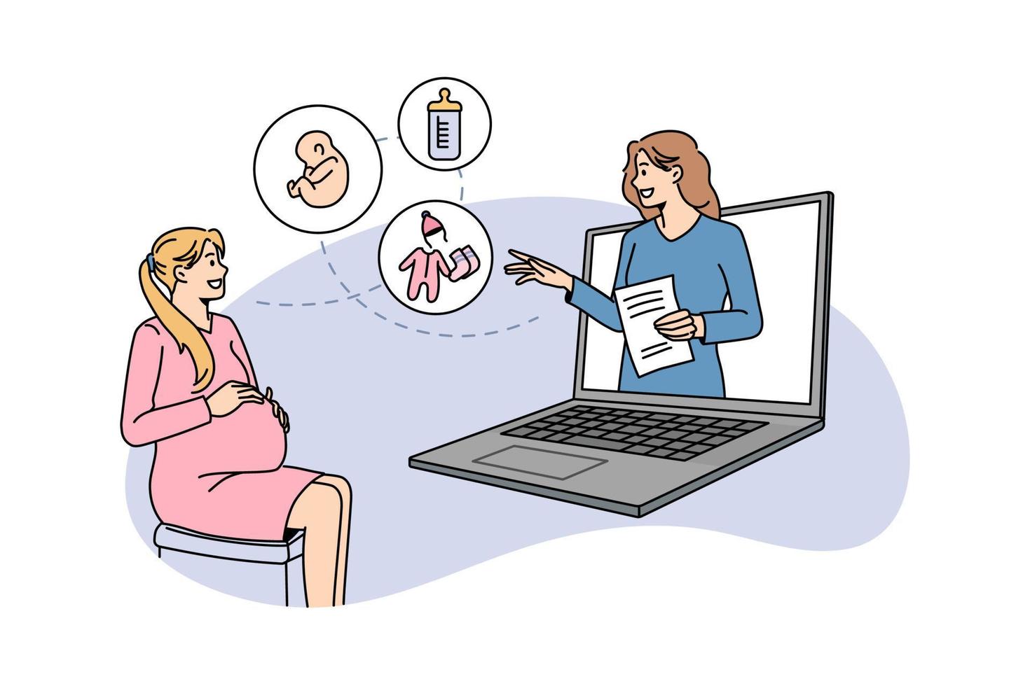 femme médecin consulter une femme enceinte en ligne sur ordinateur. maman heureuse d'avoir une consultation par webcam avec un gynécologue, parler parler lors d'un événement virtuel d'appel vidéo sur le verrouillage. illustration vectorielle plane. vecteur