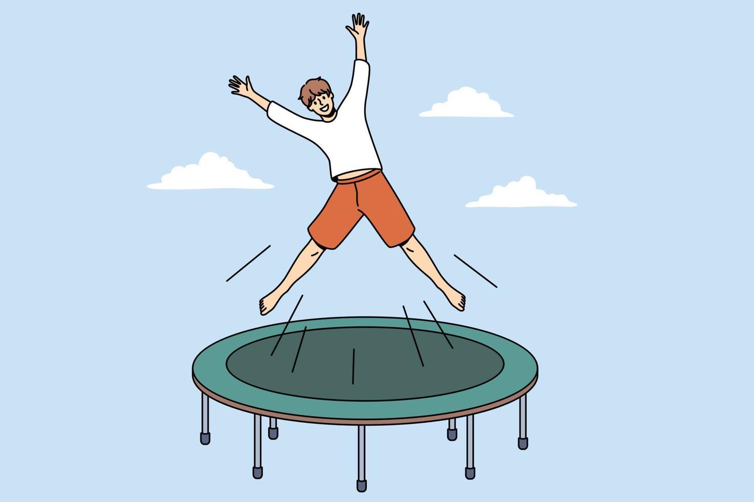 concept d'activité et de loisirs d'été. personnage de dessin animé de garçon excité souriant sautant sur le trampoline à l'extérieur se sentant illustration vectorielle ludique vecteur