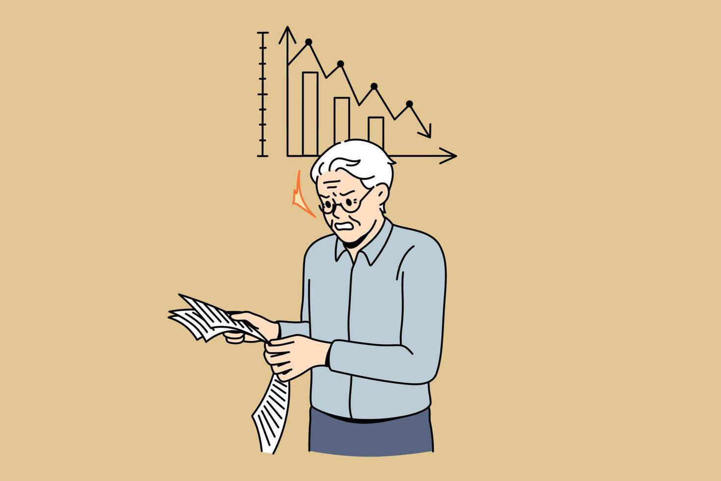 statistiques négatives et concept de mauvaises nouvelles. fâché, stressé, vieil homme mûr, debout, lecture, journal, à, négatif, décroissant, statistiques, sentiment, non, satisfait, vecteur, illustration vecteur