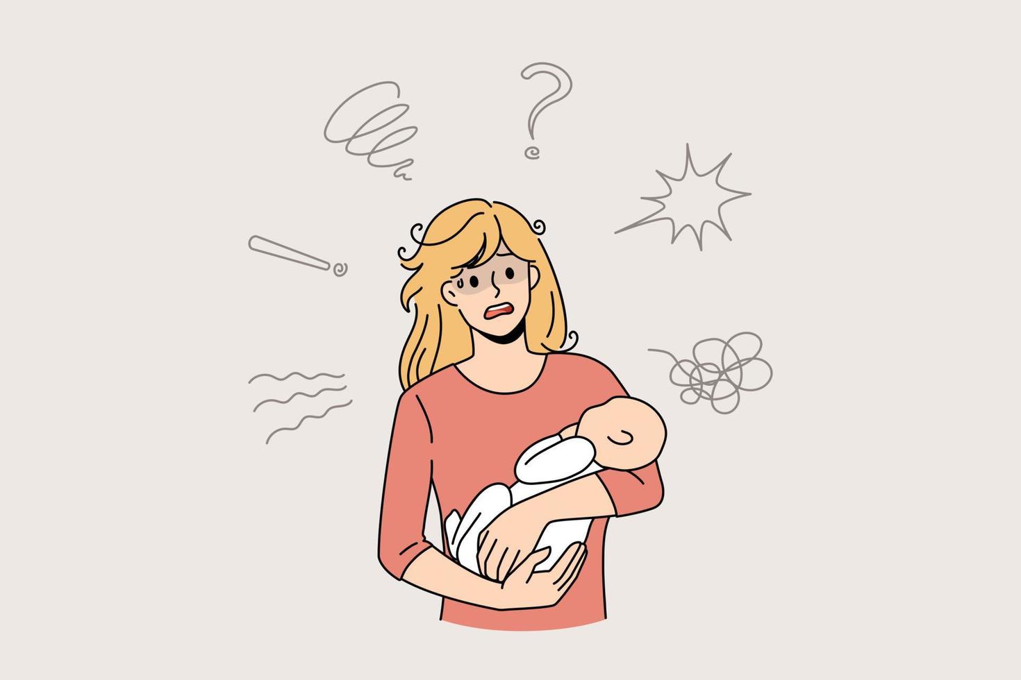 une jeune mère stressée tient son bébé dans les bras se sent frustrée par la dépression post-partum. une mère célibataire anxieuse se sent déprimée souffre de problèmes mentaux psychologiques après la grossesse. illustration vectorielle. vecteur