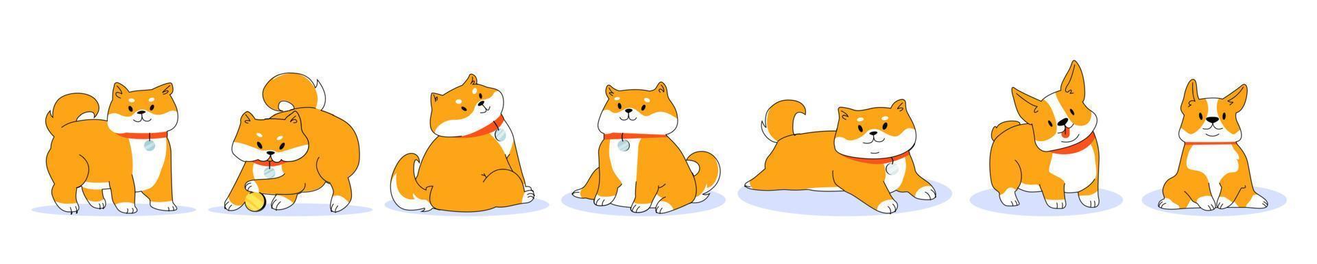 heureux, shiba inu, chien, dessin animé, caractère, pose, ensemble vecteur