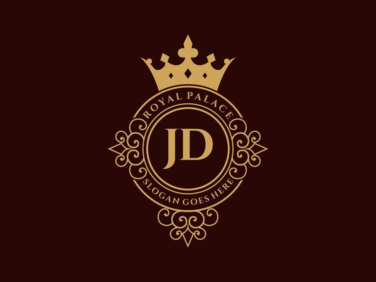 lettre jd logo victorien de luxe royal antique avec cadre ornemental. vecteur