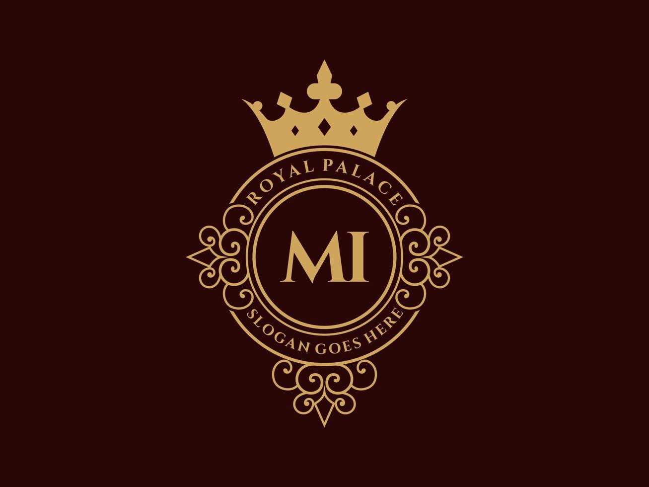 lettre mi logo victorien de luxe royal antique avec cadre ornemental. vecteur