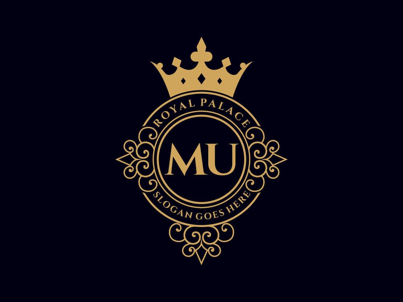 lettre mu logo victorien de luxe royal antique avec cadre ornemental. vecteur