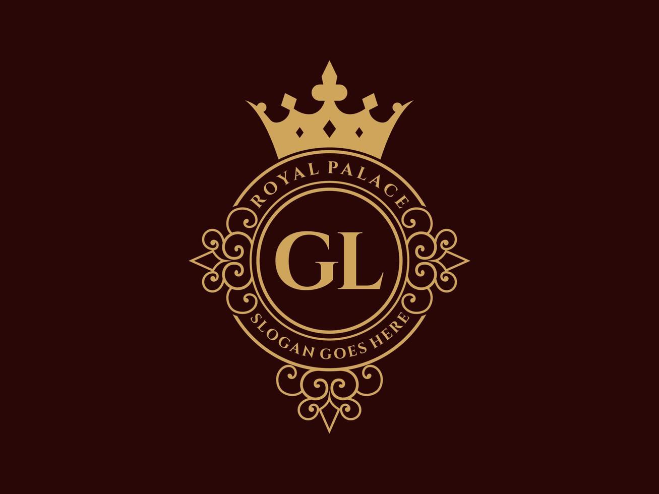 lettre gl logo victorien de luxe royal antique avec cadre ornemental. vecteur