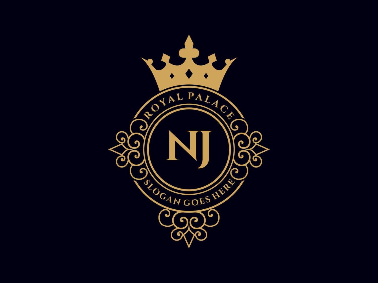 lettre nj logo victorien de luxe royal antique avec cadre ornemental. vecteur