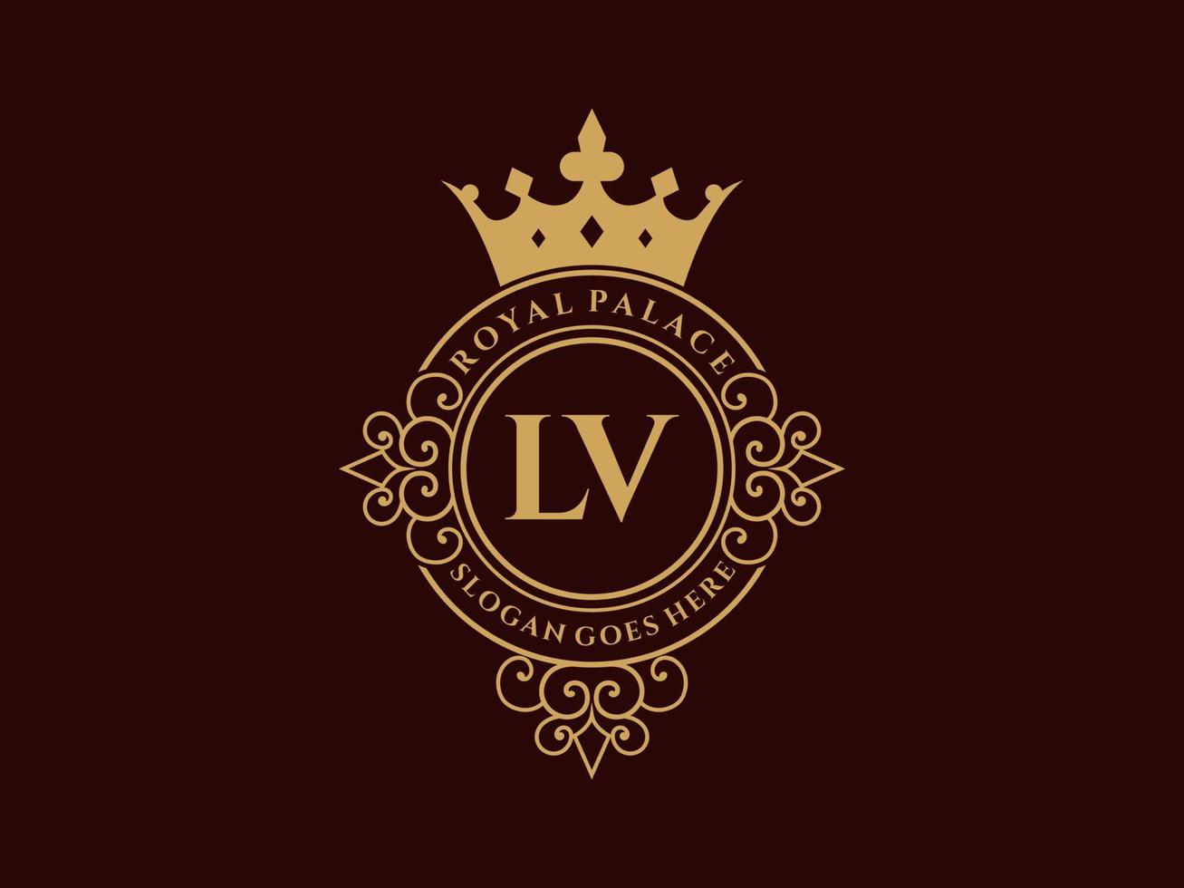 lettre lv logo victorien de luxe royal antique avec cadre ornemental. vecteur